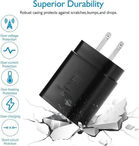 Vista 4 de Cargador súper rápido USB C de 25 W con cable tipo C de 5 pies para Samsung Carga súper rápida, compatible con Galaxy