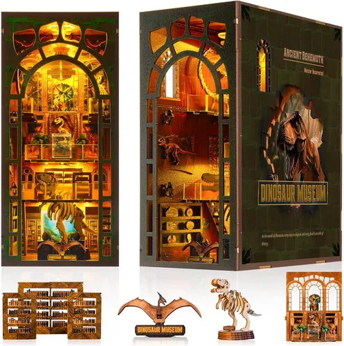 Vista 8 de Kit de Rincón de Libros para Adultos - Museo de Dinosaurios DIY Booknook, Rompecabezas de Casa de Muñecas de Madera 3D con Luces LED, Decoración