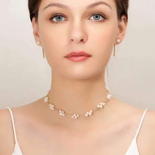 Vista 5 de Gargantilla de perlas, chapado en oro de 14 quilates, delicado collar de gargantilla con cuentas para mujeres y niñas, collar de perlas naturales