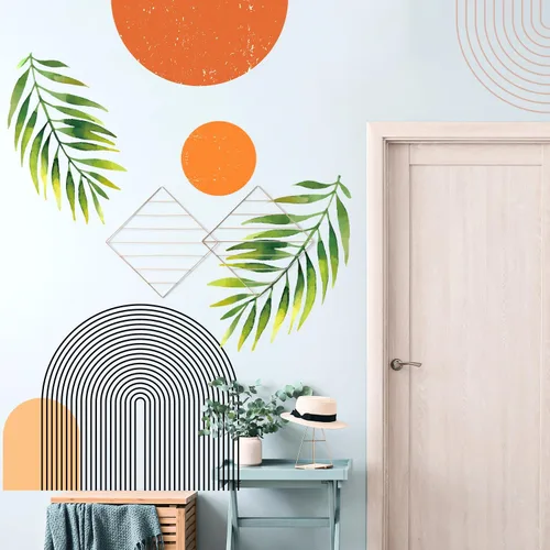 Vista 5 de Calcomanías de Pared Bohemias de Mediados de Siglo Modernas Despegar y Pegar, Pegatinas de Vinilo de Pared de Arcos Grandes Sol, Hojas Plantas