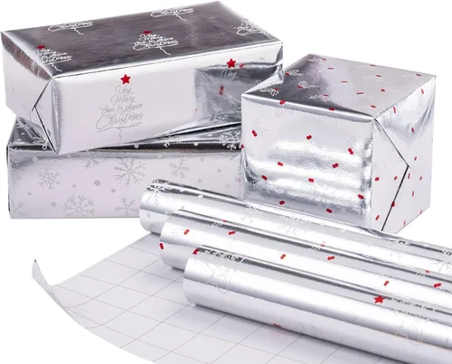 Vista 12 de RUSPEPA Juego de papel de regalo de Navidad negro y dorado, mini rollo, papel de regalo navideño con lámina dorada con árbol, copo de nieve y diseño