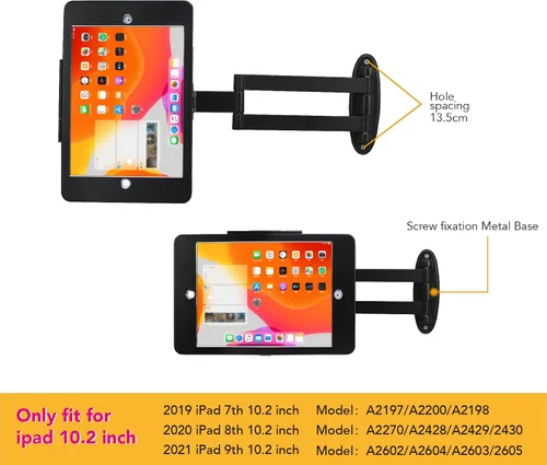 Vista 4 de Soporte de pared para tableta con pliegue para iPad de 10.2 pulgadas (9ª, 8ª, 7ª generación), brazo giratorio ajustable con bloqueo de seguridad