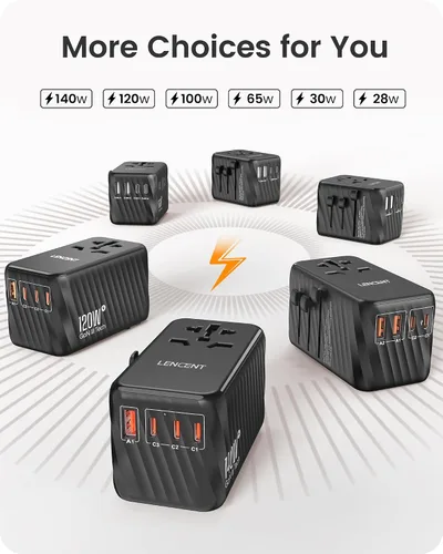 Vista 7 de LENCENT Adaptador de corriente de viaje universal, adaptador de enchufe de CA internacional con 5.6A 3 USB C 2 puertos USB A cargador de pared