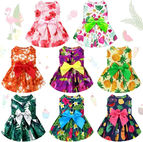 Vista 8 de LEIFIDE 8 piezas de vestidos de verano para perros hawaianos, diseño floral de flamenco, frutas, faldas para mascotas, vestidos de princesa hawaiana