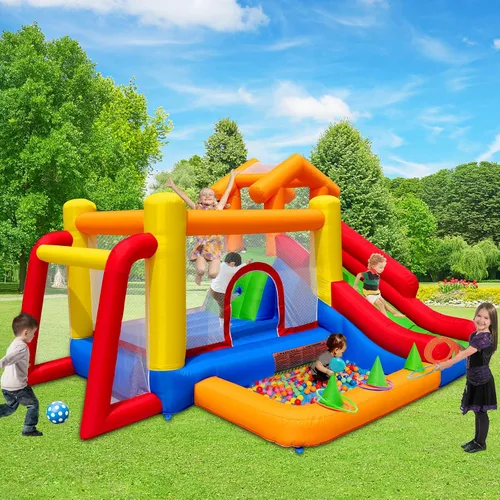 Vista 3 de Baralir Casa de rebote 7 en 1 para niños de 3 a 10 años, castillo hinchable con tobogán largo, piscina para niños (pozo de pelota), portería