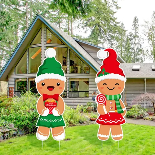 Vista 5 de Namalu Paquete de 2 carteles de Navidad para patio al aire libre, con 12 estacas de pan de jengibre para patio, para camino, invierno, Año Nuevo