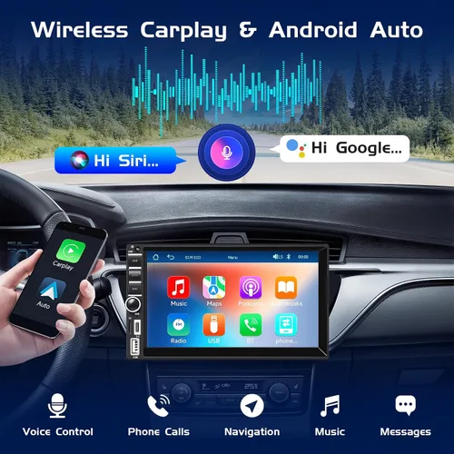 Vista 3 de Estéreo de auto doble DIN con Apple CarPlay inalámbrico y Android Auto, receptor de radio de coche con pantalla táctil de 7 pulgadas con Bluetooth