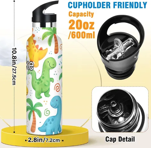 Vista 2 de Personalized Custom Name Water Bottle for Kids with Straw Leakproof Insulated Water Bottle 20oz, BPA-Free, Cute Cartoon Dinosaurs White