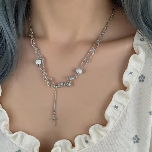 Vista 82 de Y2k - Collar irregular con dije de estrella, piedra de luna, diseño de cadena de moda, joyería de plata picante para mujer