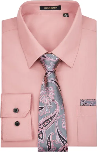 Vista 19 de HISDERN Mens Dress Shirt with Tie Pocket Square Set Classic Button Down Shirt Matching Tie Long Sleeve Shirts 08-verde