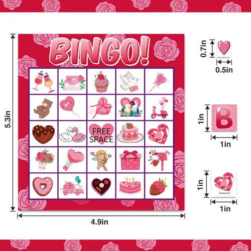 Vista 3 de jollylife Tarjetas de bingo para 40 jugadores para el día de San Valentín, suministros para fiestas, actividades para adultos (rosa)