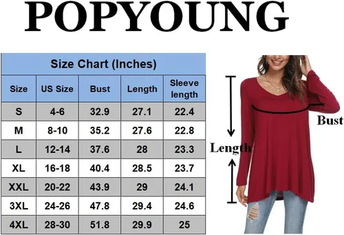 Vista 4 de POPYOUNG Blusa casual de manga larga para mujer, para usar con leggings, cuello en V, estilo casual