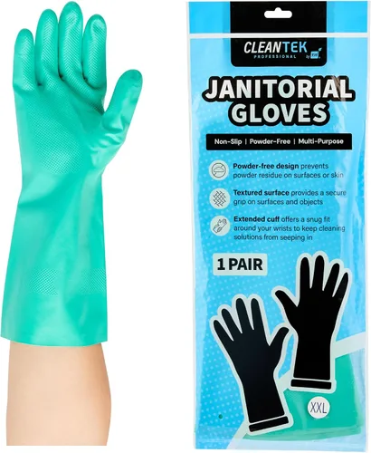 Vista 25 de Restaurantware Guantes de limpieza verdes, 10 pares de guantes de nitrilo de 15 mil de grosor, pequeños y resistentes con puño largo, forro