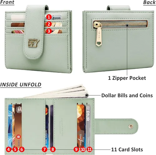 Vista 5 de Badiya Billeteras pequeñas para mujer, billetera plegable multitarjetero delgado con cremallera, Verde claro, Minimalista