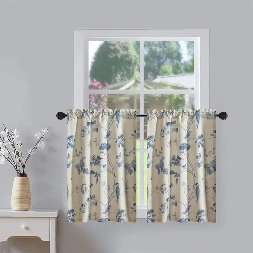 Vista 48 de Leeva Cortinas rústicas de cocina con estampado floral verde mezclado de lino para media ventana, para comedor, bolsillo para barra, cafetería