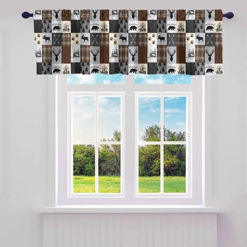 Vista 19 de Cortinas de cenefa de cabaña estilo retro, color negro y rojo, rayas de madera, cenefas de ventana para niños, adolescentes y adultos, oso salvaje