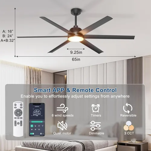 Vista 2 de Ventilador de techo de 65 pulgadas con luces, ventilador de techo negro con control remoto y aplicación, 3CCT, regulable, motor CC reversible
