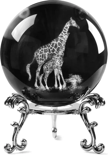 Vista 2 de Figura de Bola de Cristal de Jirafa Mamá y Bebé de 5.8 cm con Tallado Interno 3D y Soporte, Coleccionable de Jirafa, Peso de Papel para Amantes