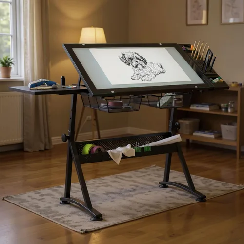Vista 2 de Studio Designs Fusion Drafting Table with Integrated LED Light Pad, Height & Angle Adjustable Tempered Glass Light Table, Artograph Light Pad