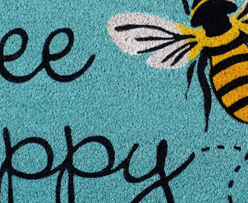 Vista 4 de DII Felpudo de fibra de coco natural, divertido tapete de felicitación, abeja feliz, 18 x 30 pulgadas