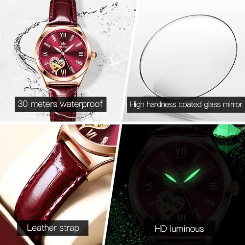 Vista 5 de OLEVS Reloj mecánico automático para mujer, correa de cuero, cuerda automática, reloj de pulsera para mujer, esfera de corazón de diamante