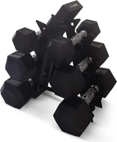 Vista 7 de HolaHatha Hexagonal Dumbbell Free Hand Weight Set w/Rack Negro