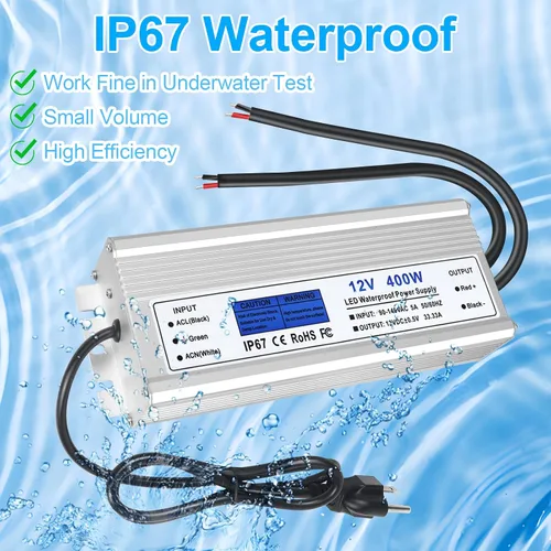 Vista 3 de Fuente de alimentación LED de 12 V 400 W, transformador de bajo voltaje impermeable IP67, convertidor de voltaje constante de CA a CC de 12 V 33.3 A