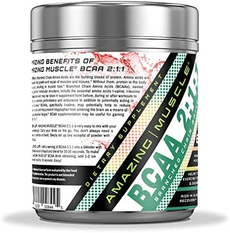 Vista 2 de Amazing Muscle BCAA 2:1:1 Suplemento de aminoácidos de cadena ramificada 6000 mg por porción 60 porciones Sabor a sandía
