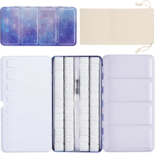 Vista 8 de PEVART Paleta de pintura de acuarela vacía, caja de metal con 37 medias bandejas de color de agua y paleta plegable, bandeja de pintura de estaño