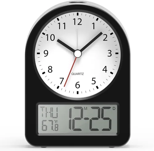 Vista 11 de AYRELY® Reloj despertador analógico pequeño de 3.5 pulgadas, funciona con pilas, bonito reloj de mesa con luz, ángulo ajustable para viajes, mesita