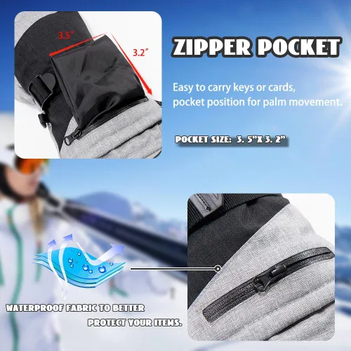 Vista 4 de Ixsun Guantes de esquí para hombres y mujeres, bolsillo con cremallera, suaves, cálidos, impermeables, resistentes al viento, adecuados para esquís