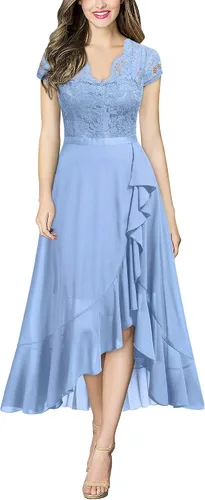 Vista 7 de Miusol - Vestido largo elegante de mujer con vuelos de encaje y cuello en V para damas de honor negro (C-BLACK)