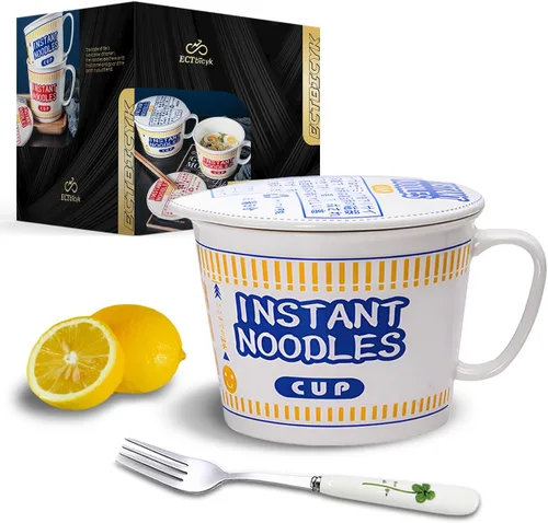 Vista 8 de Tazones de ramen con tapa y asa, lindos tazones de fideos instantáneos para ramen, juegos de cuencos grandes de cerámica con tenedor, regalo para 2