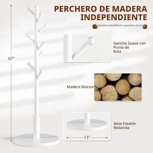 Vista 4 de Perchero de madera independiente con 8 ganchos de punta redonda, 3 alturas ajustables para entrada, dormitorio, pasillo, oficina (blanco)