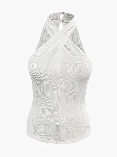 Vista 6 de SOFIA'S CHOICE Camiseta sin mangas sexy con cuello halter para mujer, con textura cruzada