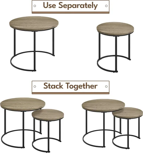Vista 7 de Yaheetech Juego de 2 mesas auxiliares anidables, mesas auxiliares apilables rústicas, juego de mesa auxiliar anidable con mesa redonda de madera