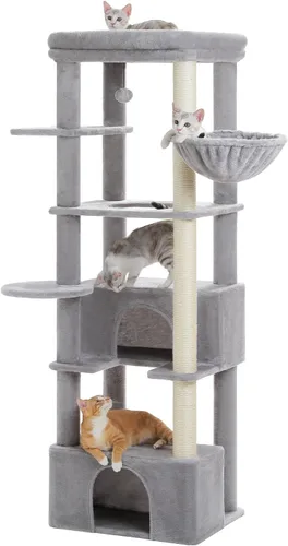 Vista 10 de PEQULTI Árbol para gatos de interior de 66 pulgadas, torre grande para gatos con poste rascador cubierto de sisal, hamaca de metal súper grande