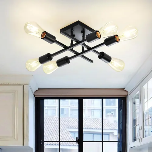 Vista 10 de Lámpara de techo semiempotrada de 6 luces, níquel cepillado industrial cerca del techo, moderna base E26 Sputnik lámpara de techo para cocina