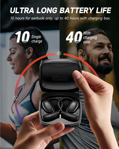 Vista 5 de Donner Auriculares abiertos, auriculares inalámbricos, Bluetooth 5.3, ultra cómodos, ganchos ergonómicos para los oídos, llamadas claras