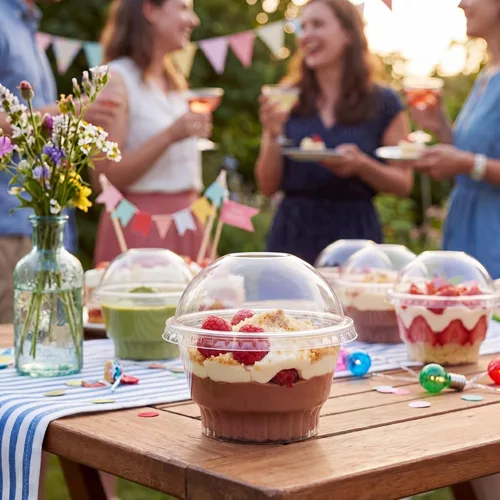 Vista 4 de Juego de 200 vasos de postre de plástico transparente de 5 onzas a granel con tapas desechables para frutas Party Plastic Dessert Fruit Cups for