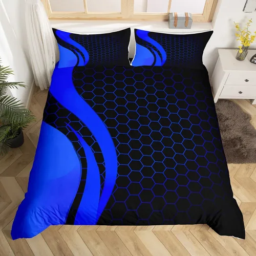 Vista 10 de Juego de ropa de cama de panal hexagonal para niños, niñas, adolescentes, funda de edredón geométrica transpirable, colmena geométrica roja y negra