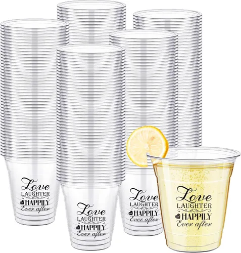 Vista 8 de Dandat Vasos desechables de plástico para boda a granel de 10 onzas con texto en inglés "Mr and Mrs Happily Ever After", vasos desechables