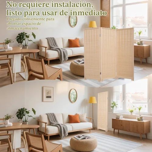 Vista 4 de Panel divisor de habitación de bambú con patas giratorias de 360°, 3 paneles de 47 pulgadas de alto, pantalla de privacidad plegable corta