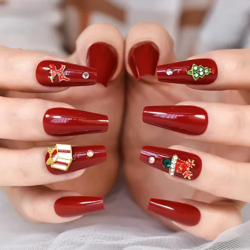 Vista 3 de ELEVENAIL Uñas de Navidad con caja de regalo de dibujos animados de diamantes de imitación 3D, ciervo, árbol rojo, uñas postizas medianas largas