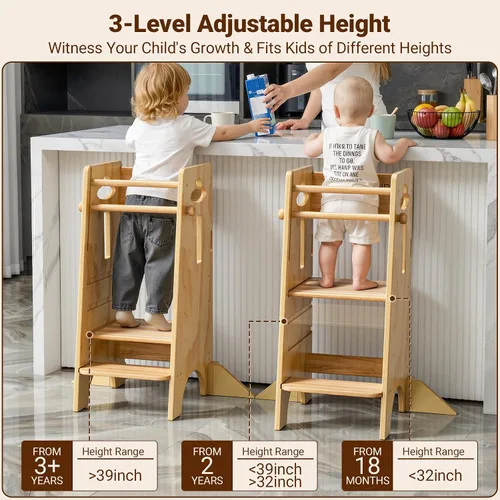 Vista 2 de COSYLAND - Taburete de pie para niños ajustables en altura - Taburete de cocina para niños súper estable con panel protector - Taburete de cocina
