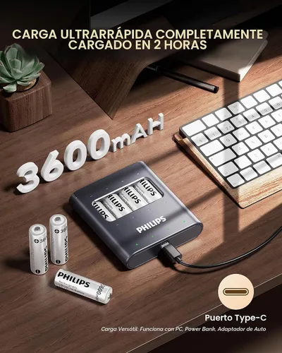 Vista 4 de PHILIPS Batería de litio AA recargable, paquete de 4, batería de iones de litio de 1.5 V 3600 mWh, 1200 baterías de larga duración funciona