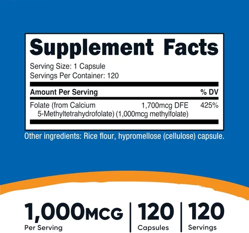 Vista 2 de Nutricost Methylfolato 1000 mcg, 120 cápsulas vegetarianas - Sin gluten, sin OMG
