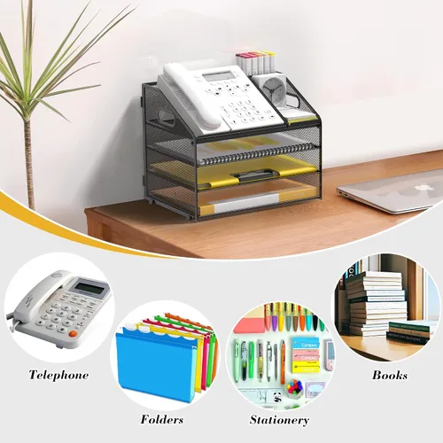 Vista 5 de Bandeja de papel para cartas, organizador de escritorio de 4 niveles con soporte para bolígrafo y asa, organizador de archivos de malla
