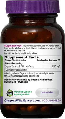 Vista 2 de Oregon's Wild Harvest, Cápsulas de ajo orgánicas certificadas, sin OMG, 1575 MGS, 90