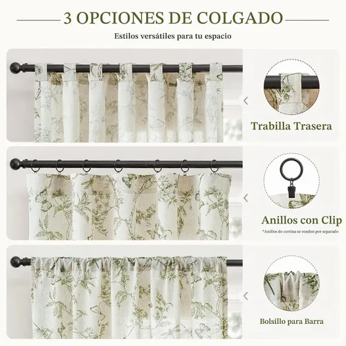Vista 7 de Lazzzy Cortinas de lino floral verde con bolsillo para barra de granja, 50 Charlotte Verde